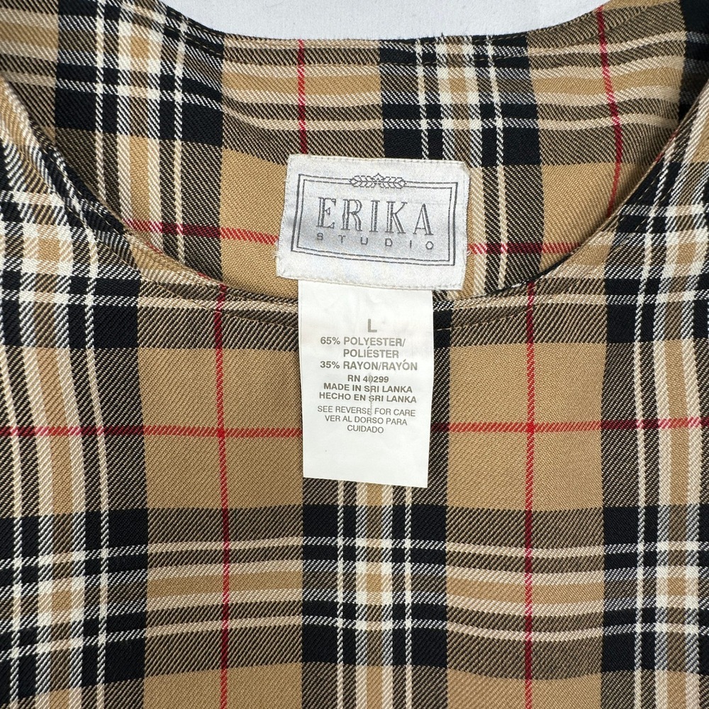 Vintage 90s Erika Studio‎ Plaid Jumper Dress Tan Black Sleeveless Midi Slit - Picture 4 of 10